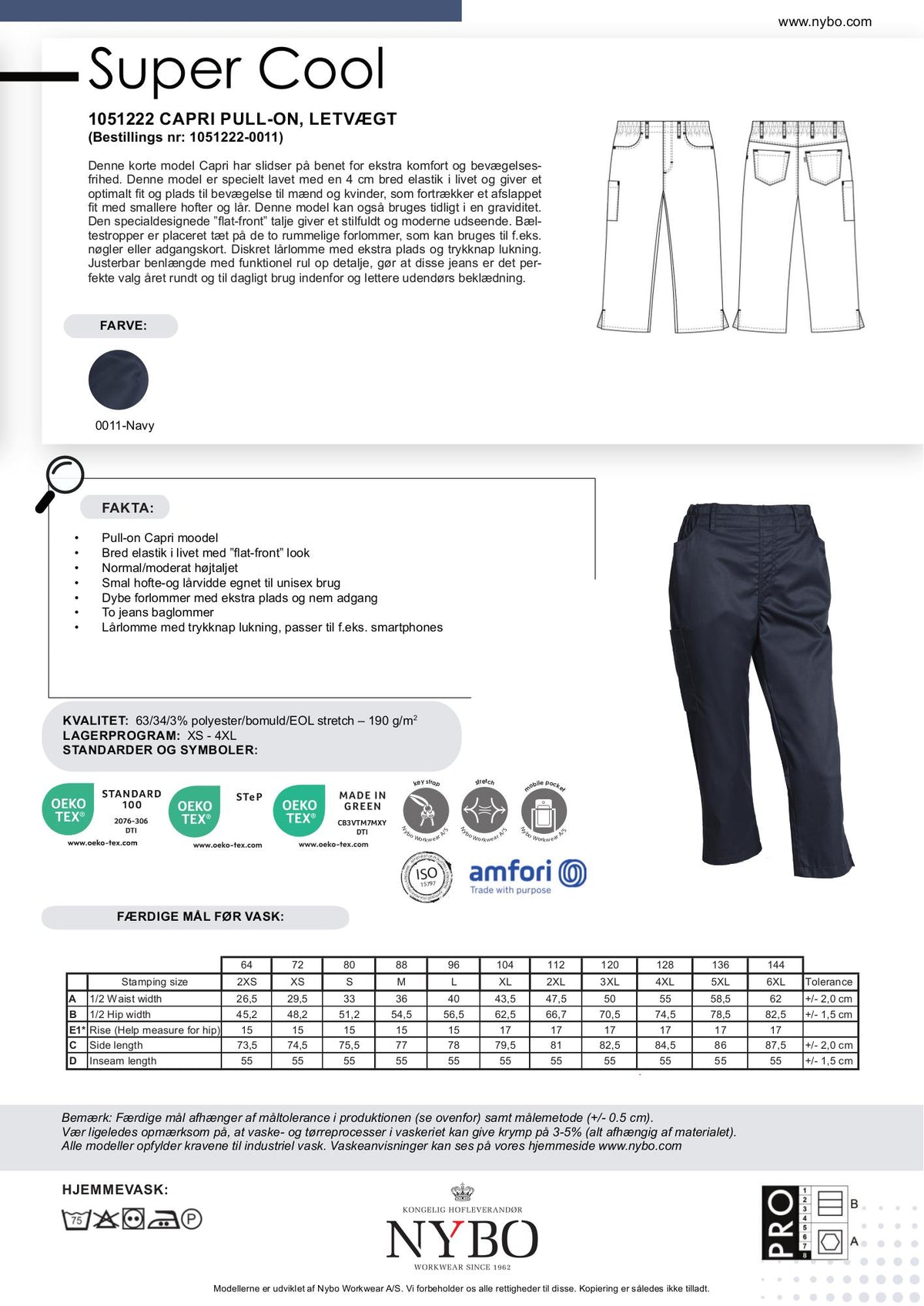 Nybo Navy Unisex Super Cool Capri Jeans, Pull-on, Elastik, Stretch