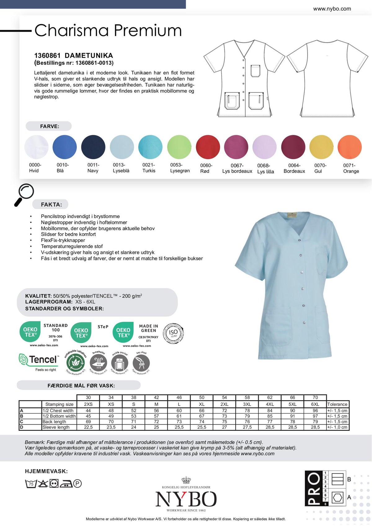Nybo Lyseblå Dametunika Charisma Premium, Slidser, Komfort, TENCEL®