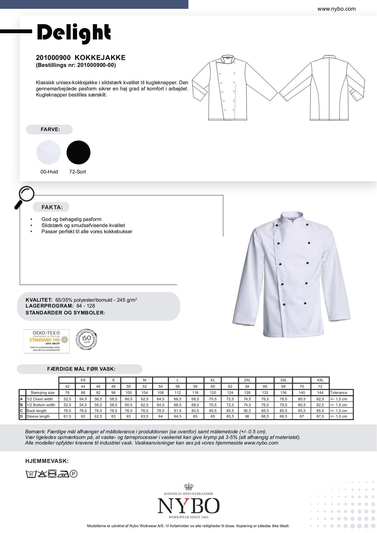 Nybo Delight unisex kokkejakke i hvid – klassisk pasform