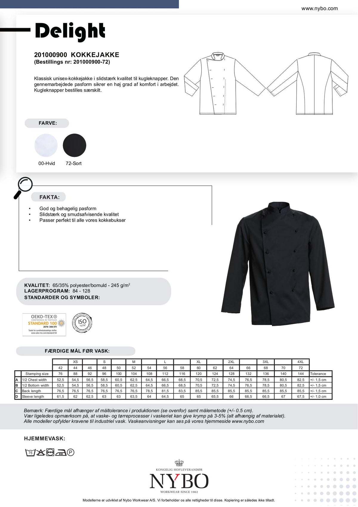 Nybo Delight unisex kokkejakke i sort – klassisk pasform