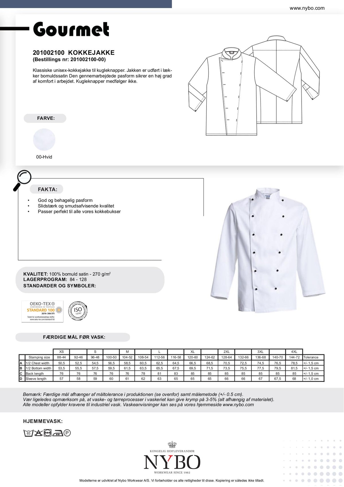 Nybo Hvid Unisex Gourmet Kokkejakke, Komfort, Bomuldssatin