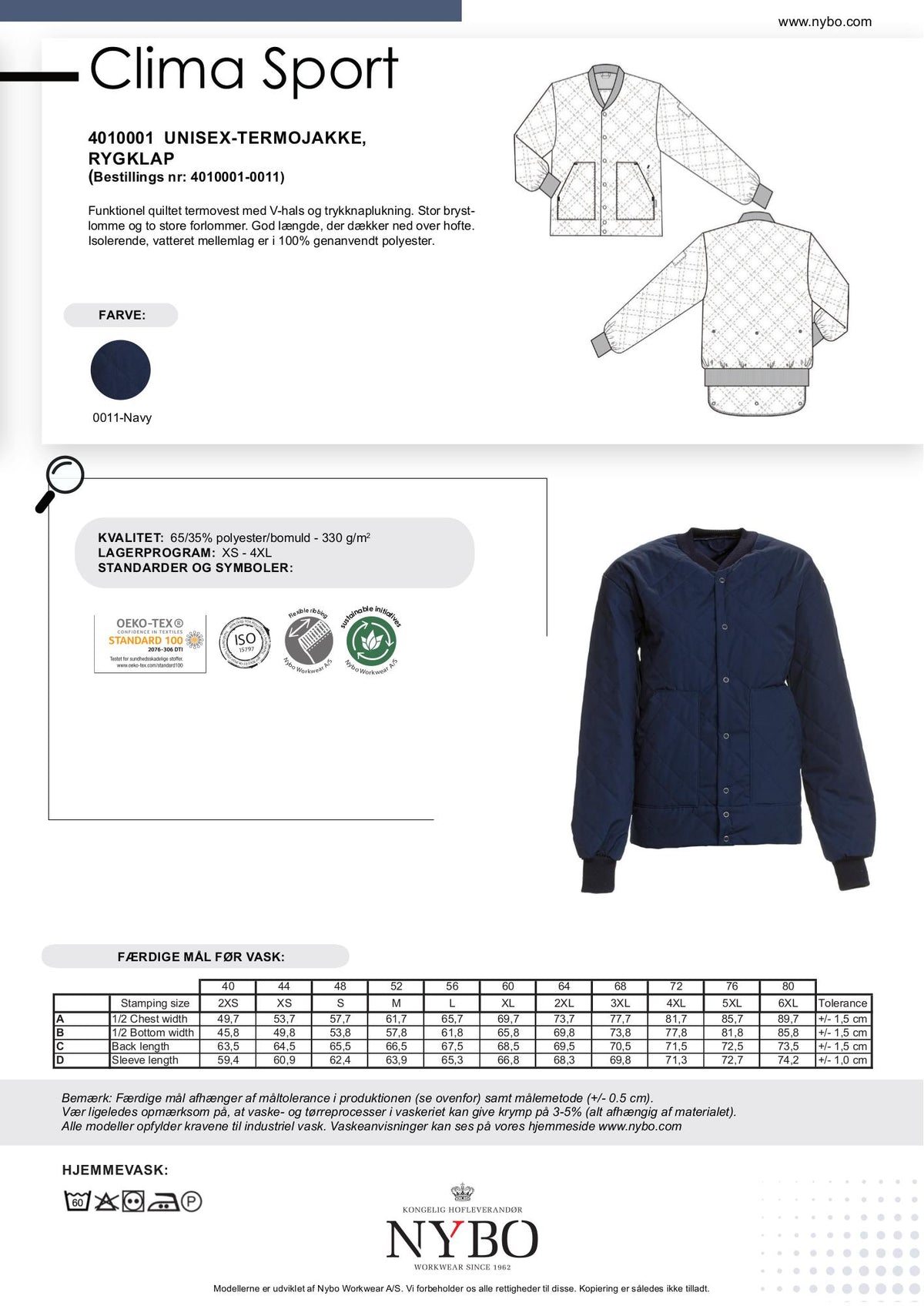 Nybo Navy Unisex Clima Sport Termojakke, Rygklap, Slidstærk