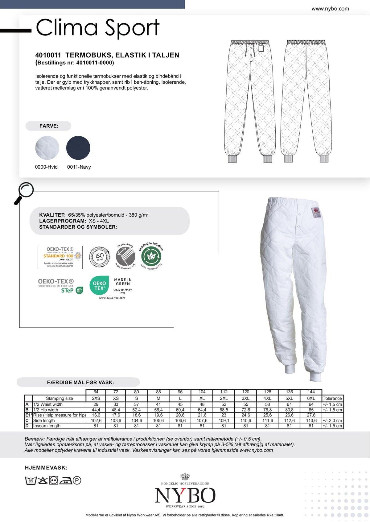 Nybo Hvid Unisex Clima Sport Termobukser, Elastik i Taljen