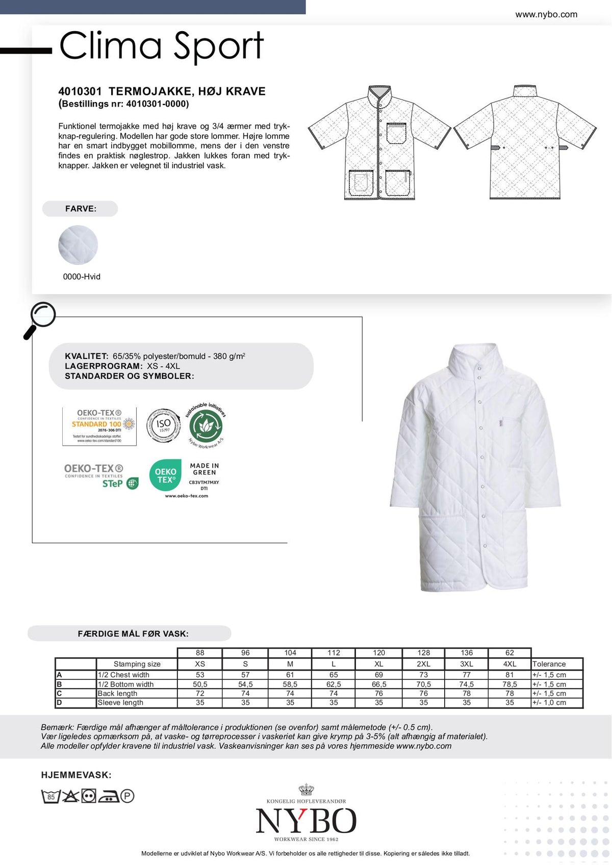Nybo Hvid Unisex Clima Sport Termojakke, Høj Krave