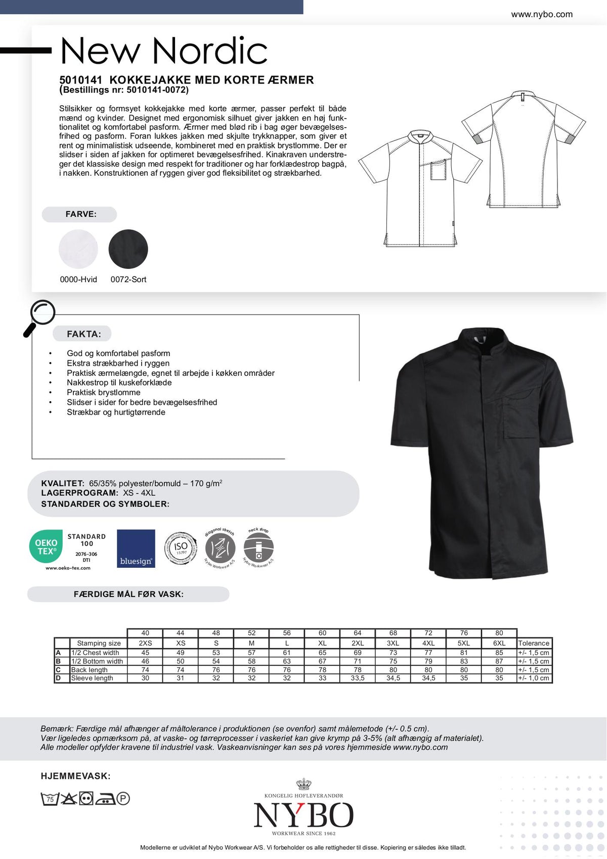 Nybo Sort Unisex New Nordic Kokkejakke, Kortærmet