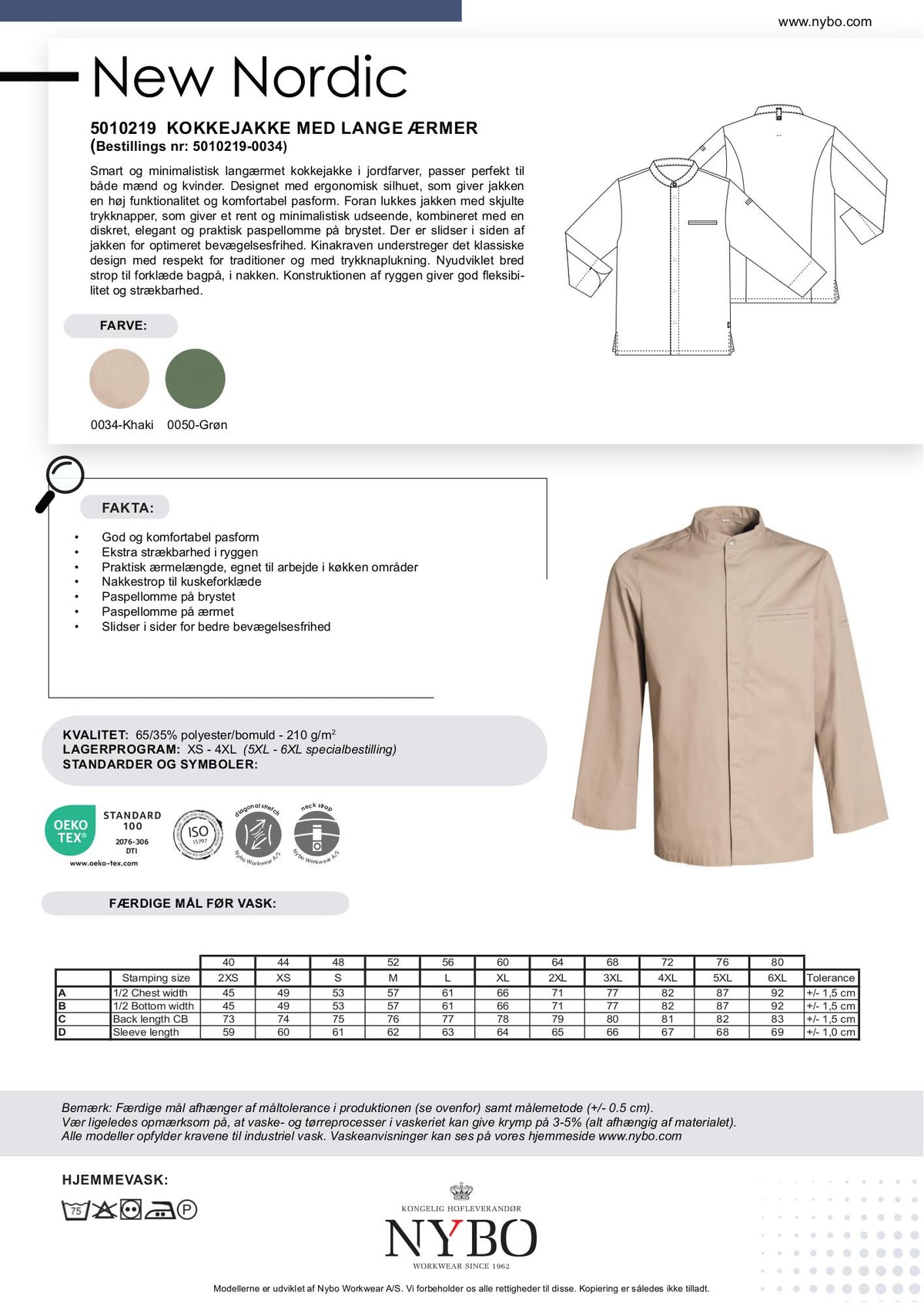 Nybo Khaki Unisex New Nordic Kokkejakke, Langærmet