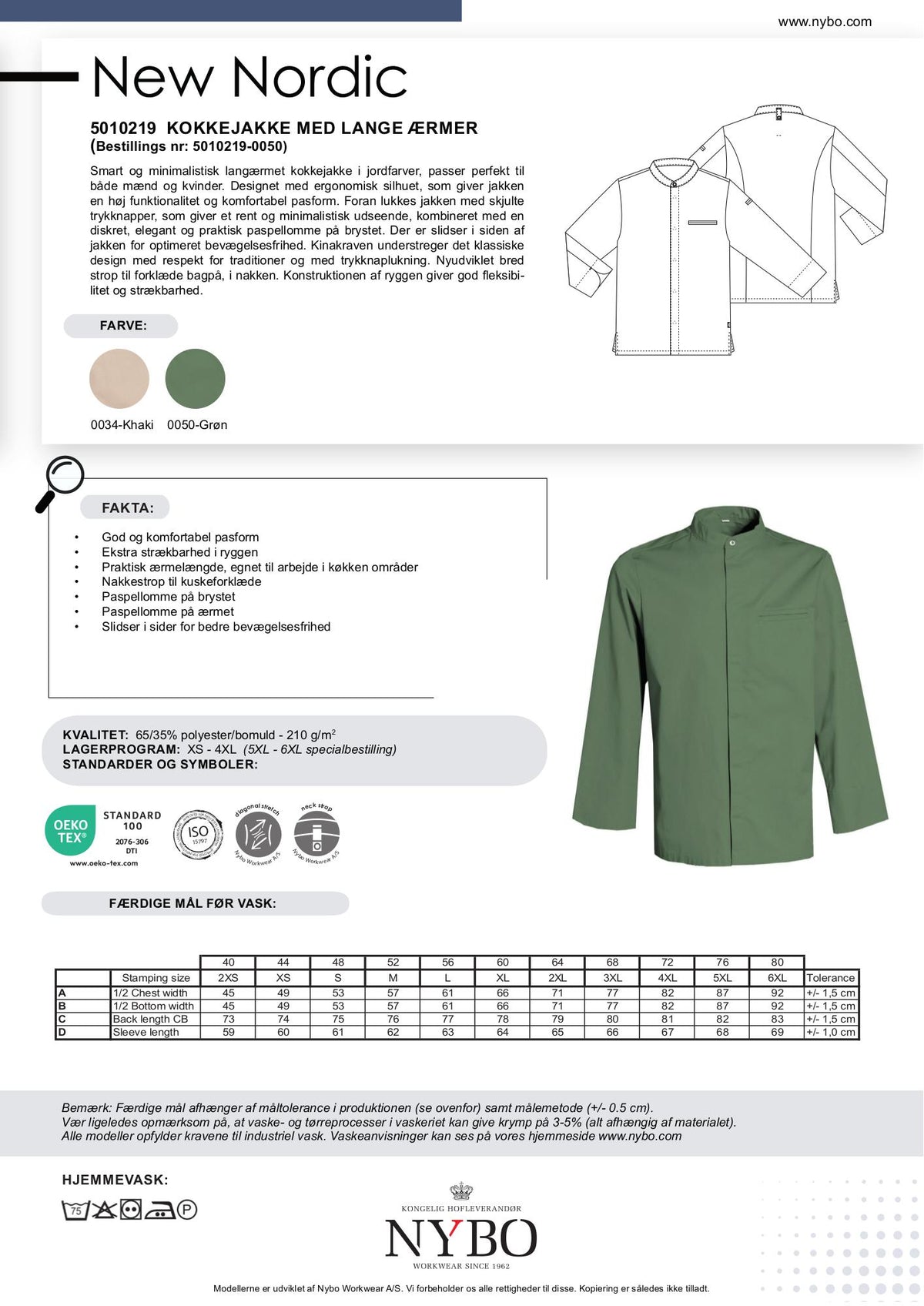 Nybo Grøn Unisex New Nordic Kokkejakke, Langærmet