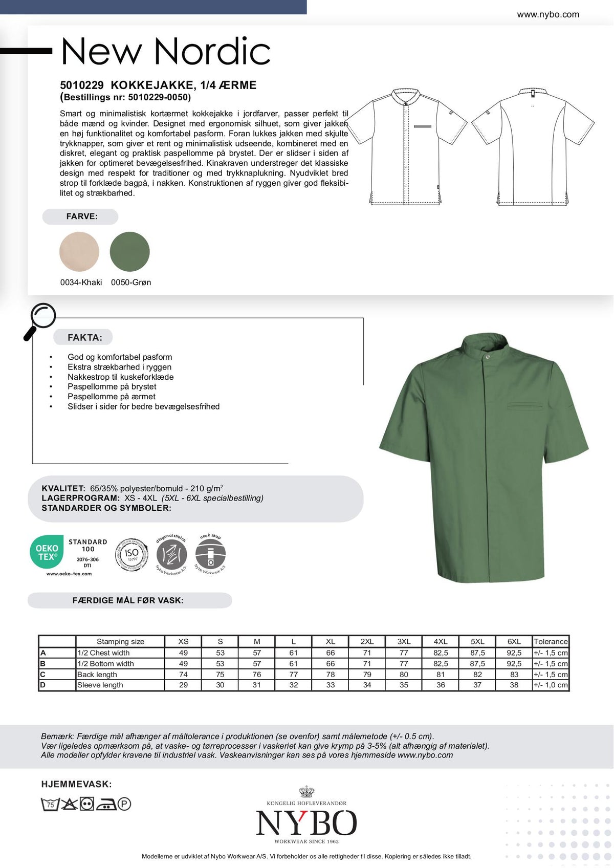Nybo Grøn Unisex New Nordic Kokkejakke, Kortærmet