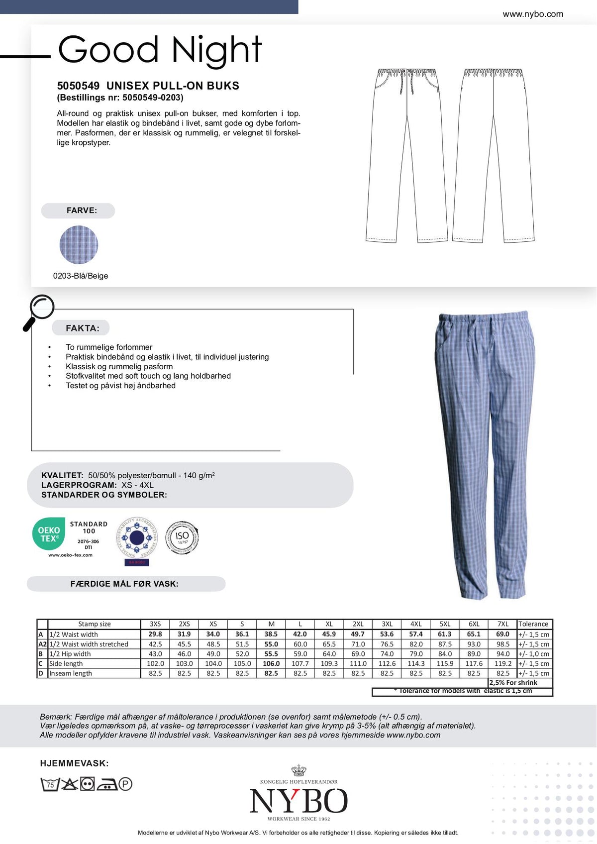 Nybo Blå/Beige Unisex Good Night Bukser, Pull-on, Åndbar, Komfort