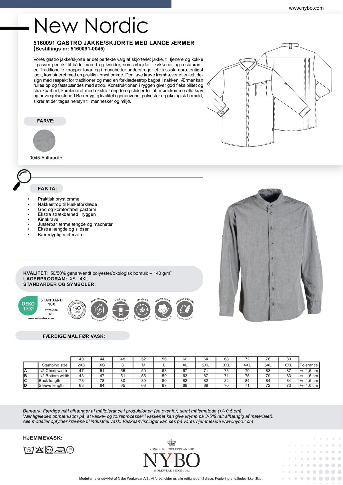 Nybo Koksgrå Unisex New Nordic Gastro Jakke, Langærmet