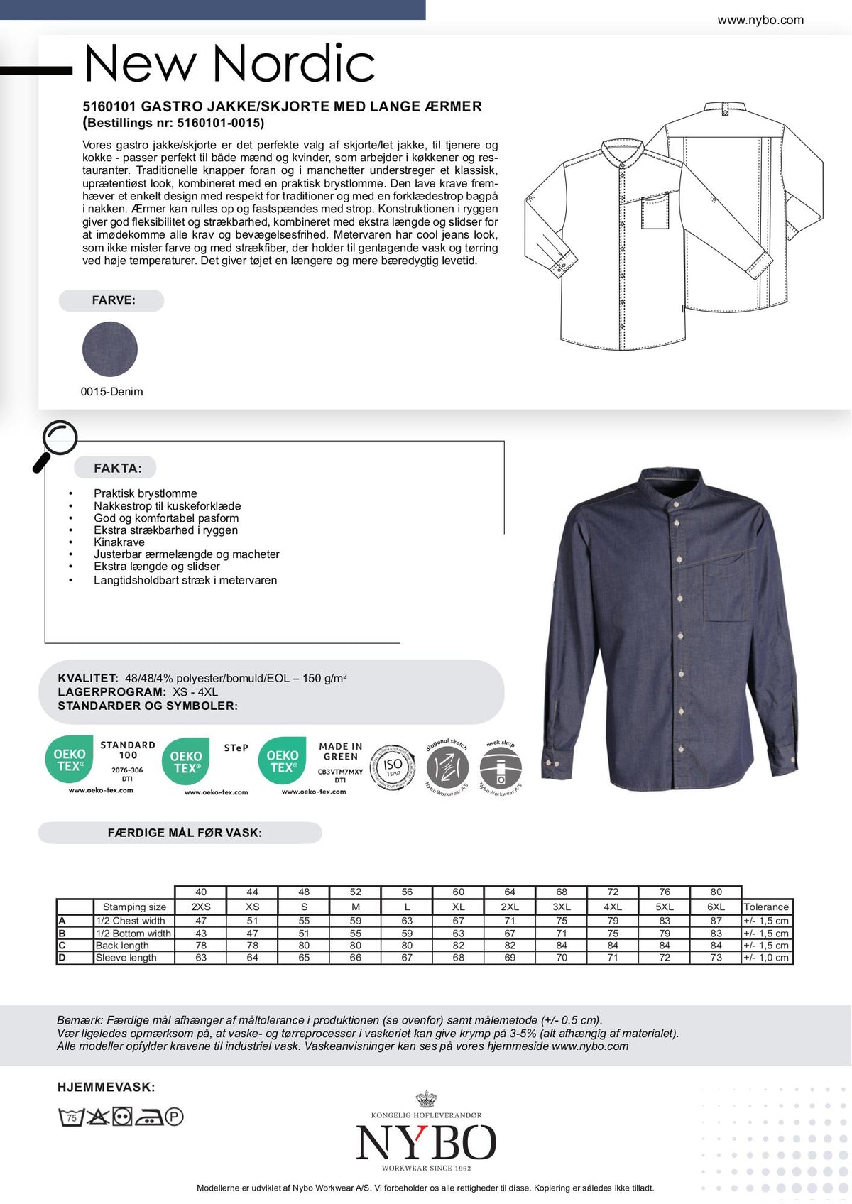 Nybo Denimblå Unisex New Nordic Gastrojakke, Lange Ærmer