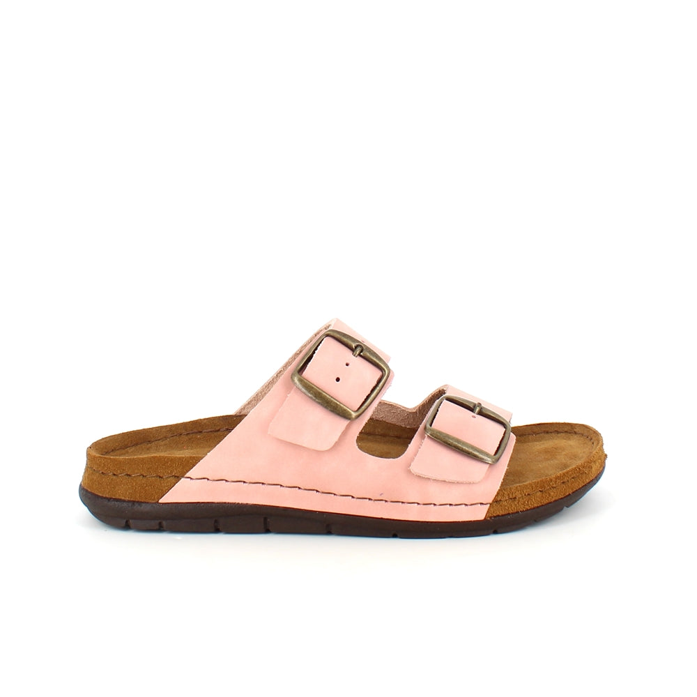 Rosa slip on sandal i skind med brede remme