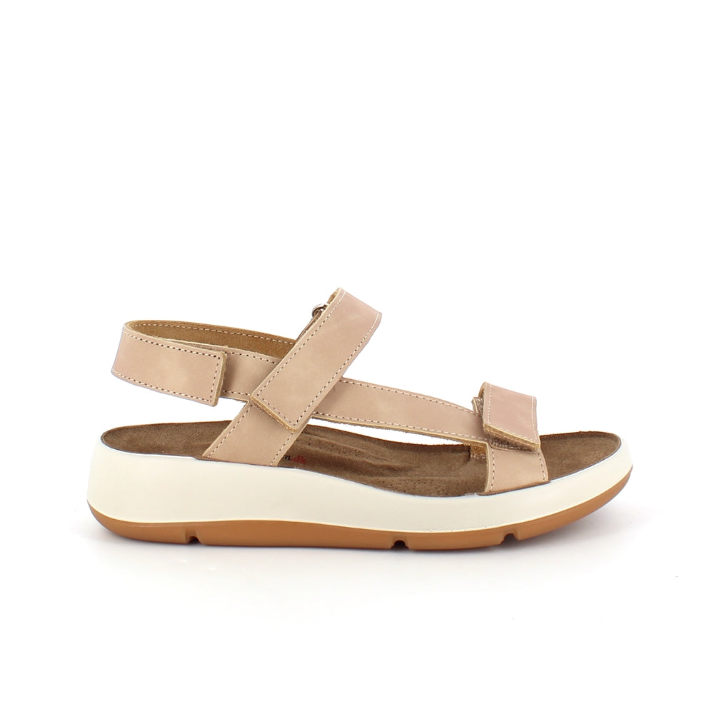 Beige skindsandal med tre indstillelige remme og svangstøtte