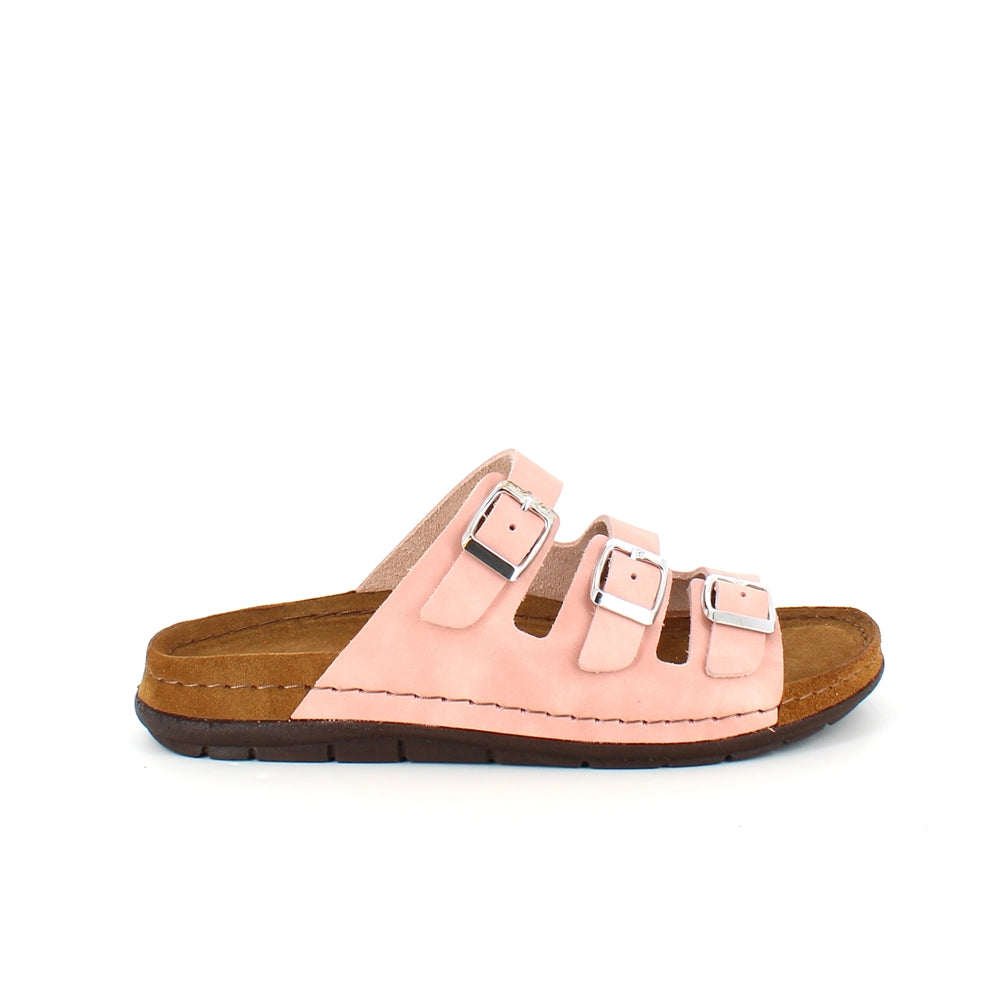 Rosa slip on sandal i skind med smalle remme
