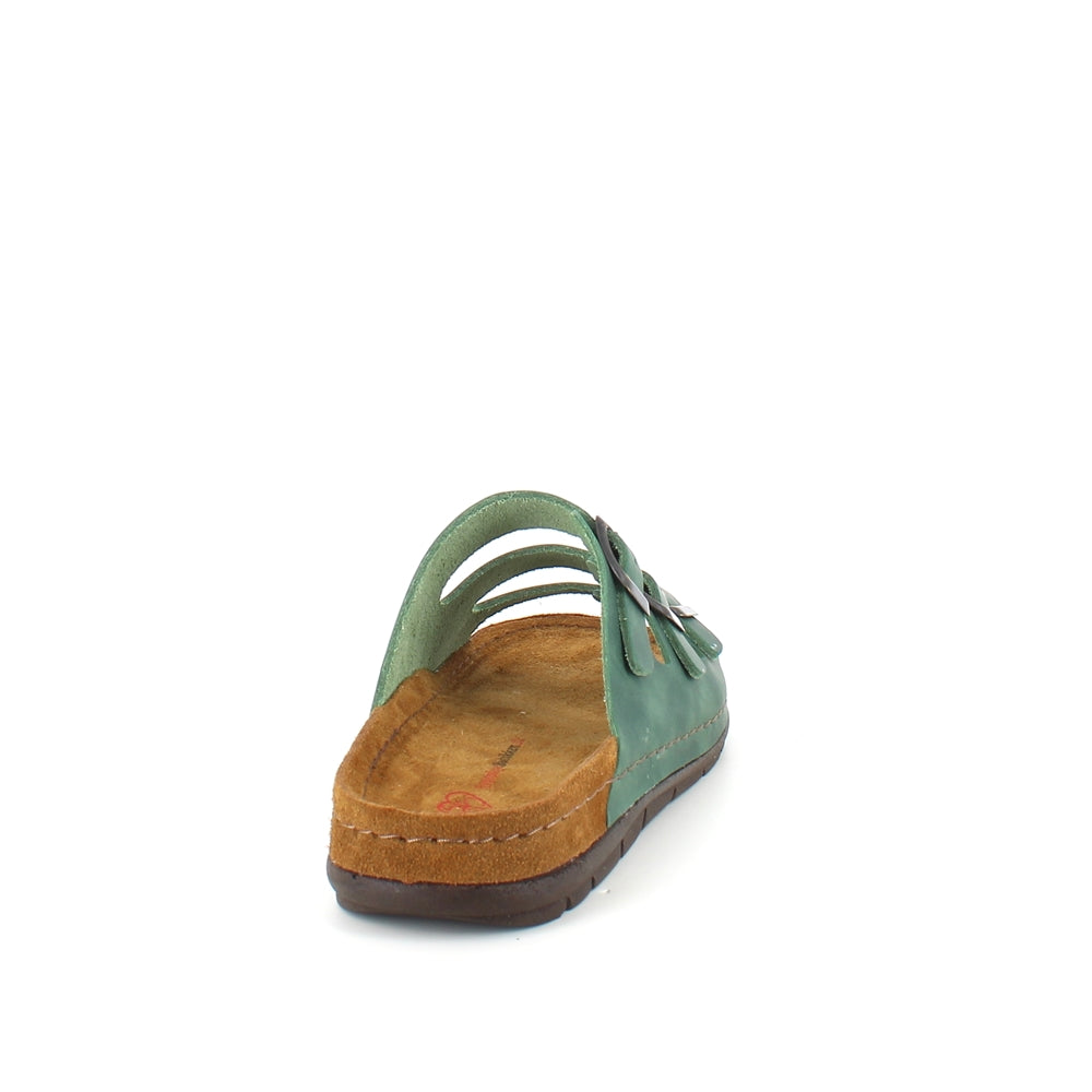 Olivengrøn slip on sandal i skind med smalle remme