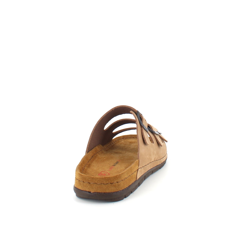Brun slip on sandal i skind med smalle remme