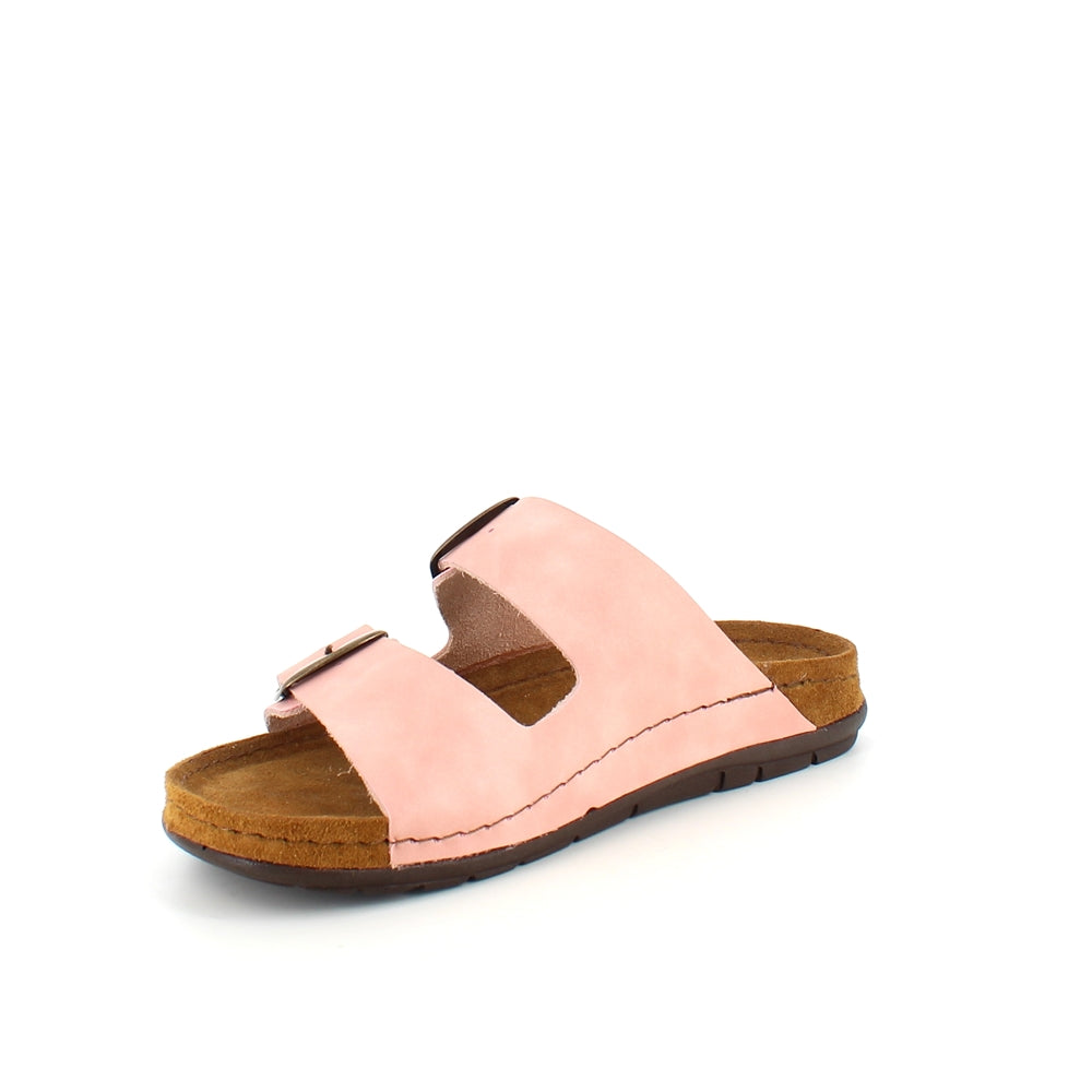 Rosa slip on sandal i skind med brede remme