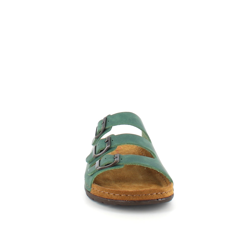 Olivengrøn slip on sandal i skind med smalle remme