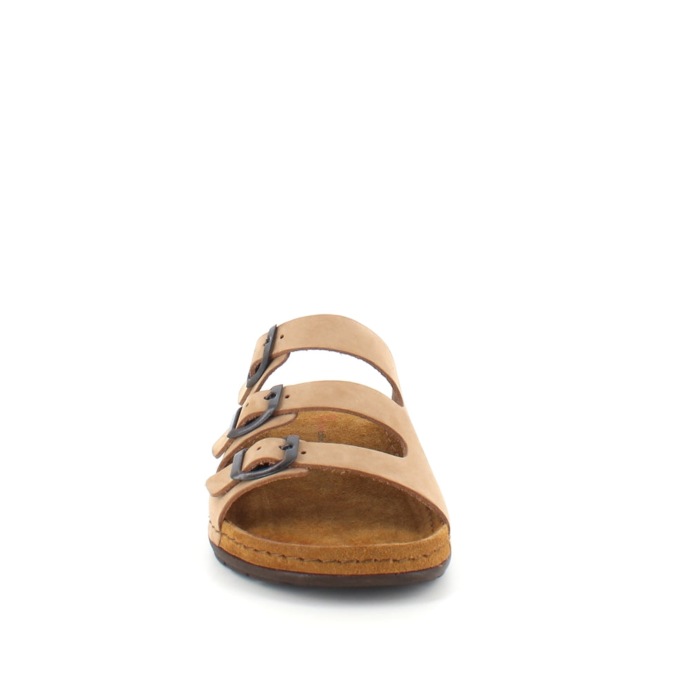 Brun slip on sandal i skind med smalle remme
