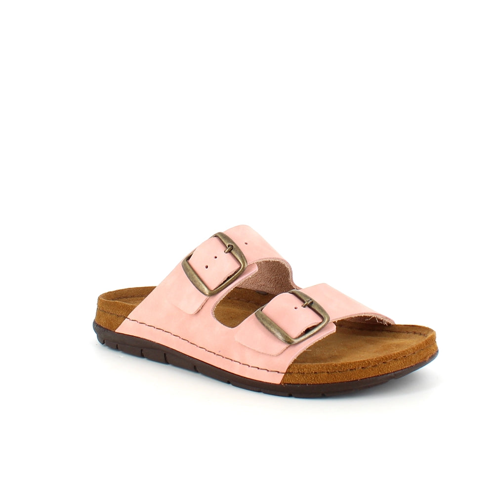 Rosa slip on sandal i skind med brede remme