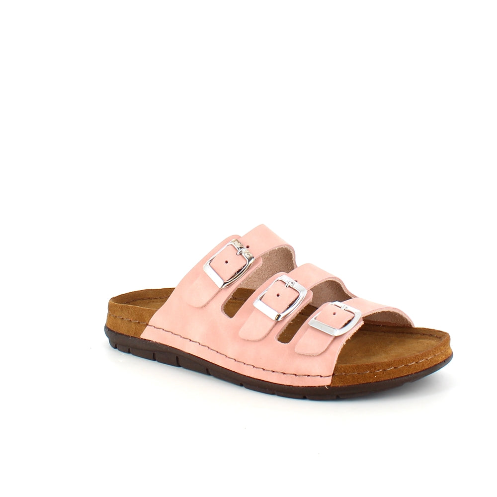 Rosa slip on sandal i skind med smalle remme