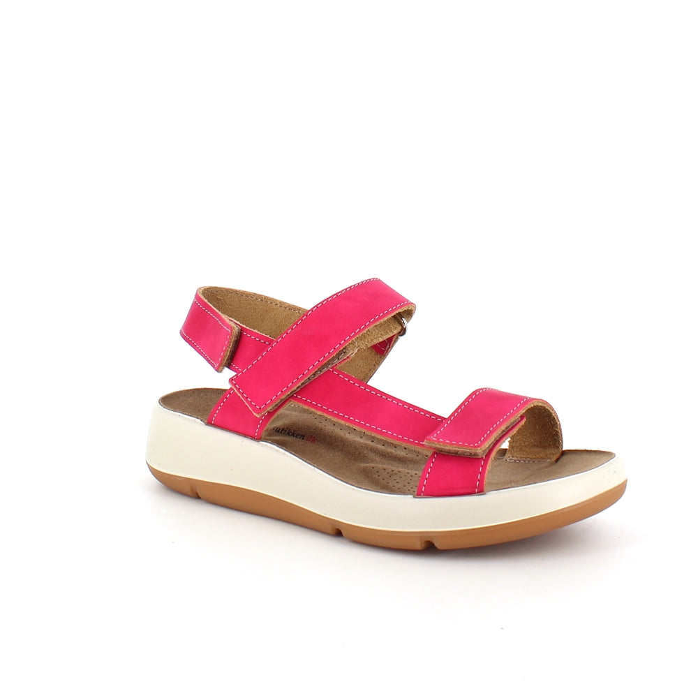 Pink skindsandal med tre justerbare remme og svangstøtte