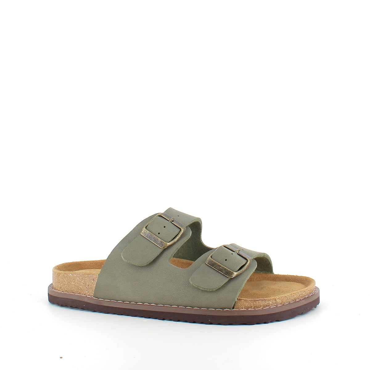 Slip on biosandal i kaki grøn – komfort & støtte med et roligt udtryk