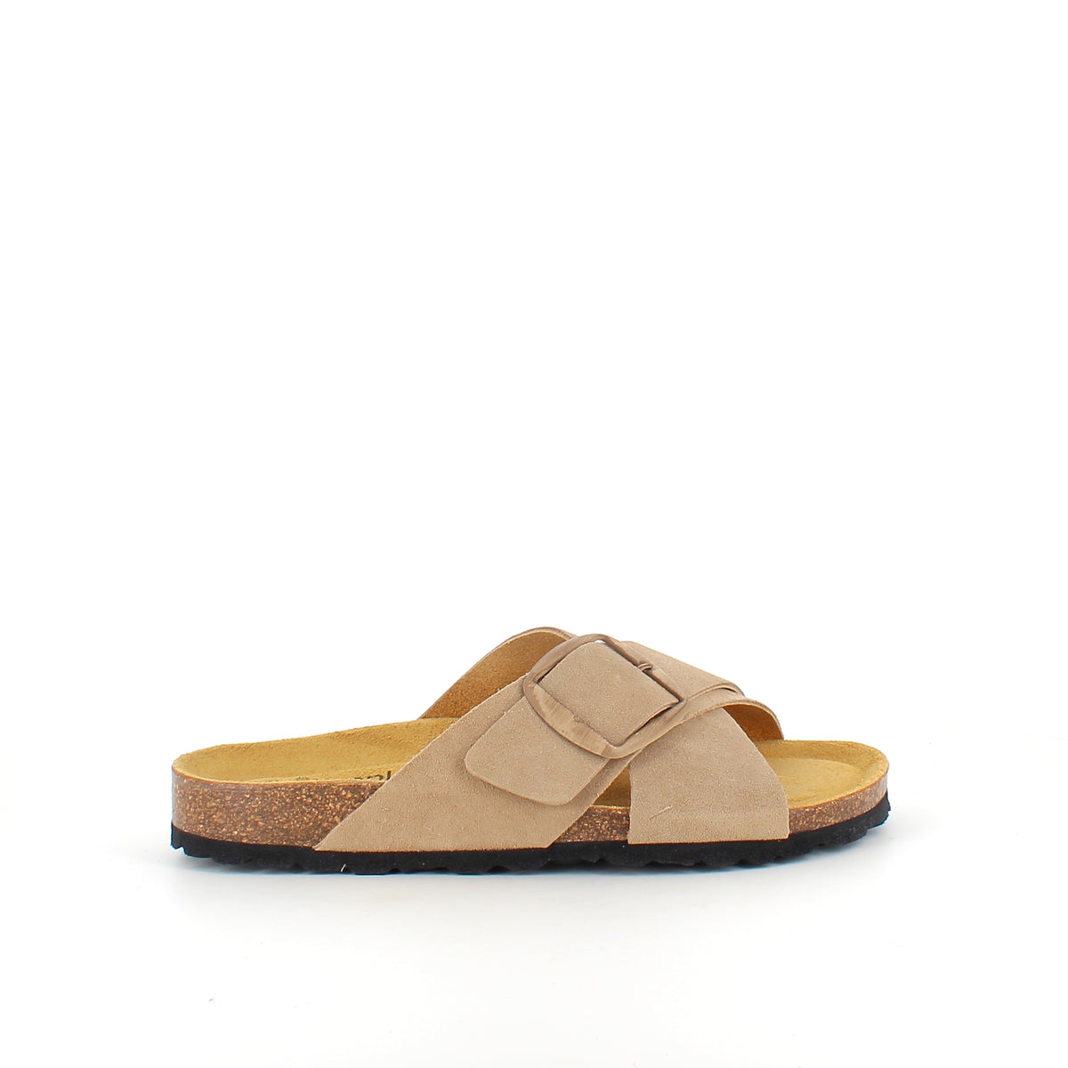 Lys brun slip on sandal i skind med dobbelt rem