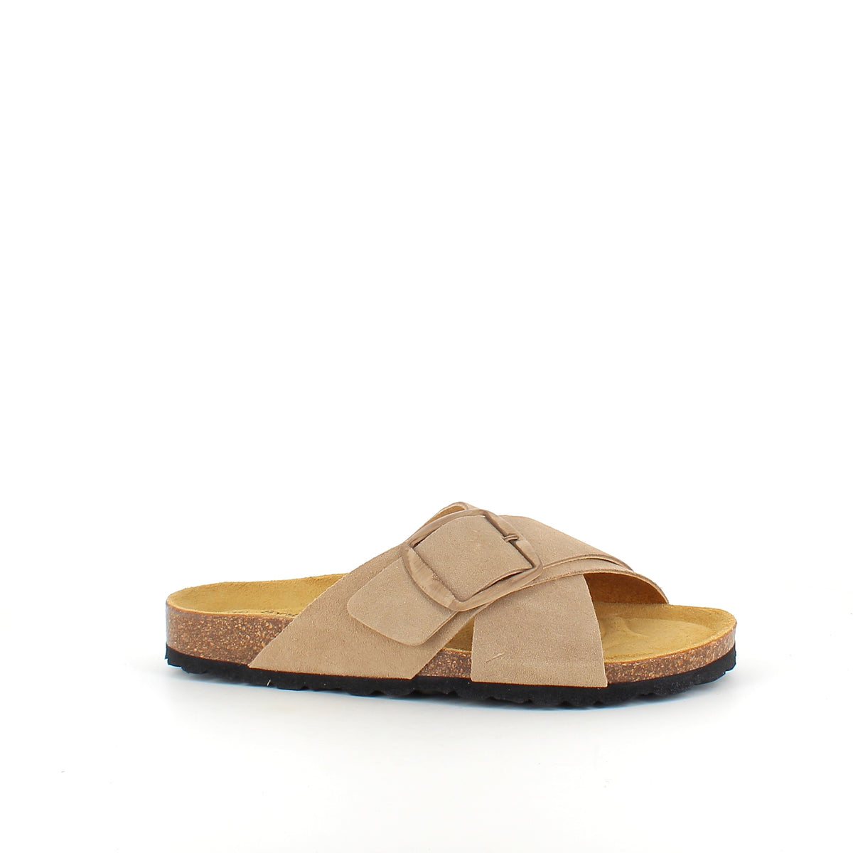 Lys brun slip on sandal i skind med dobbelt rem