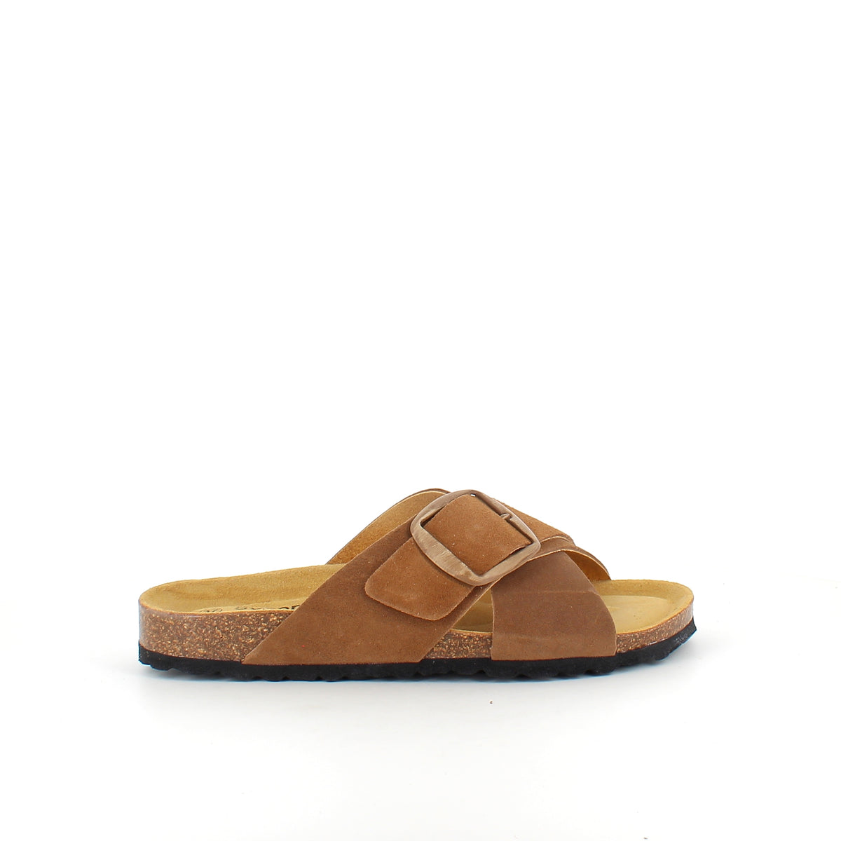 Brun slip on sandal med dobbelt rem, komfort og støtte