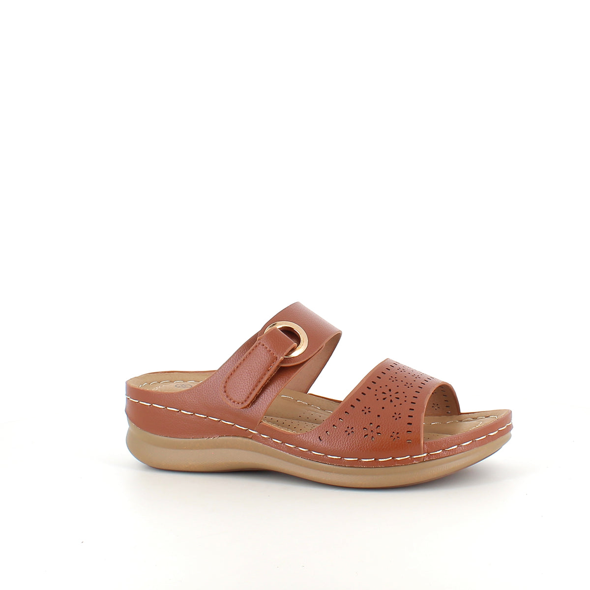 Brun slip on sandal med velcrorem – varm nuance & feminin silhuet