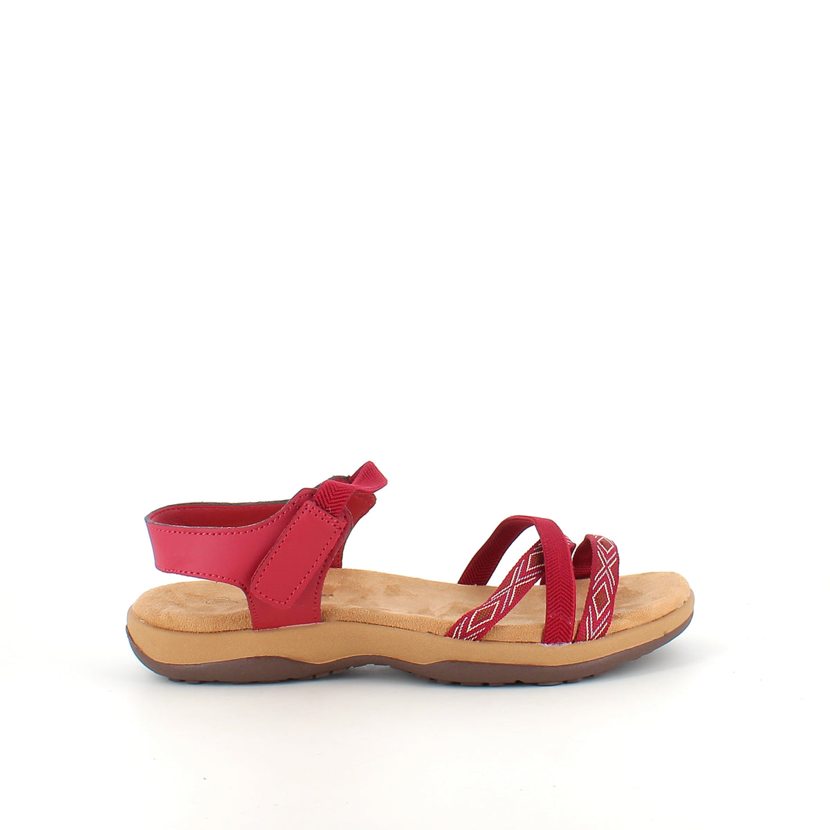 Rød sandal med elastikremme og velcro – feminin og fleksibel