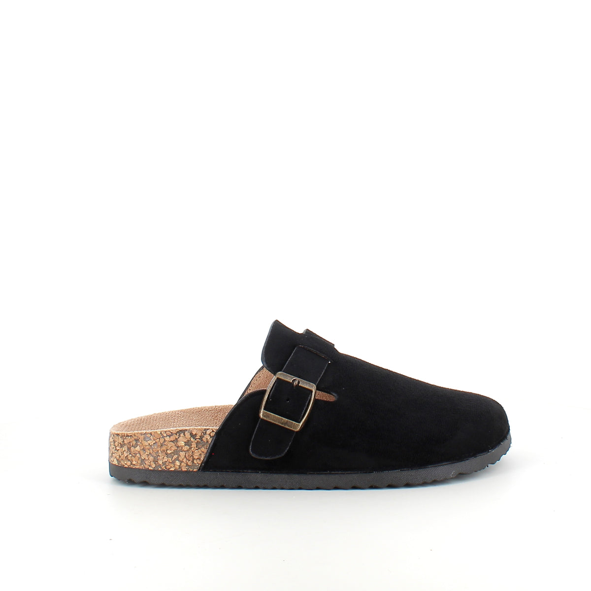 Sort slip on sandal i tekstil med justerbart spænde