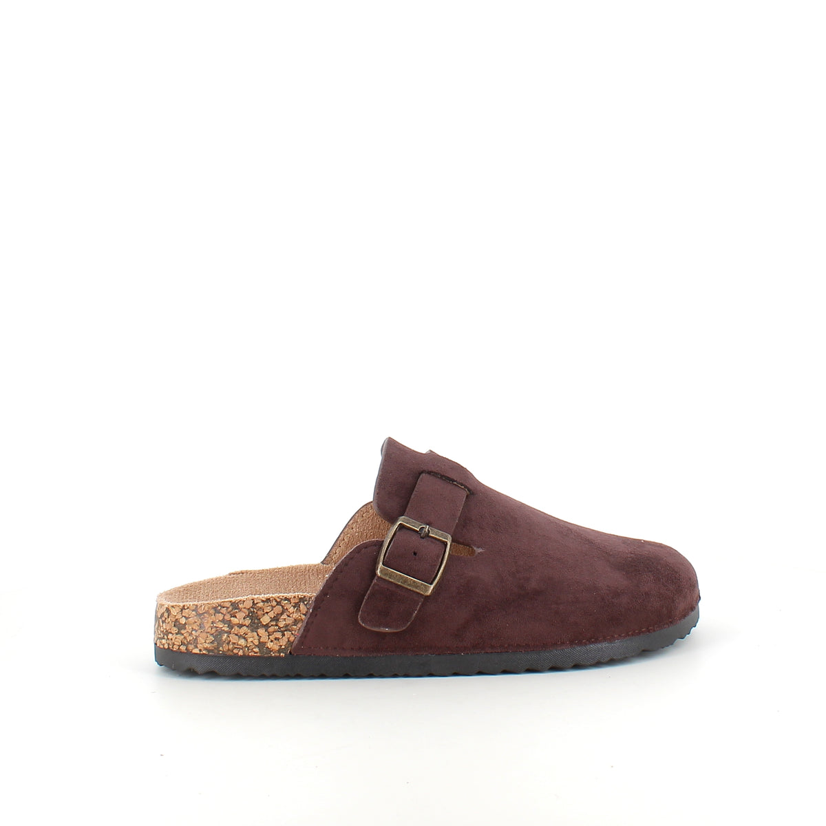 Mørkebrun slip on sandal i tekstil med justerbart spænde