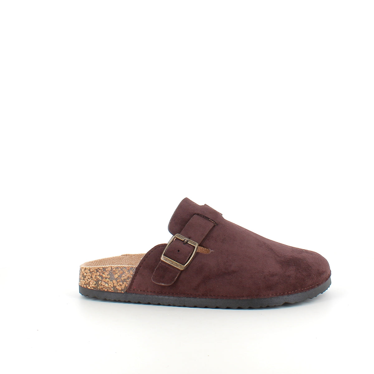 Mørkebrun slip on sandal i tekstil med justerbart spænde