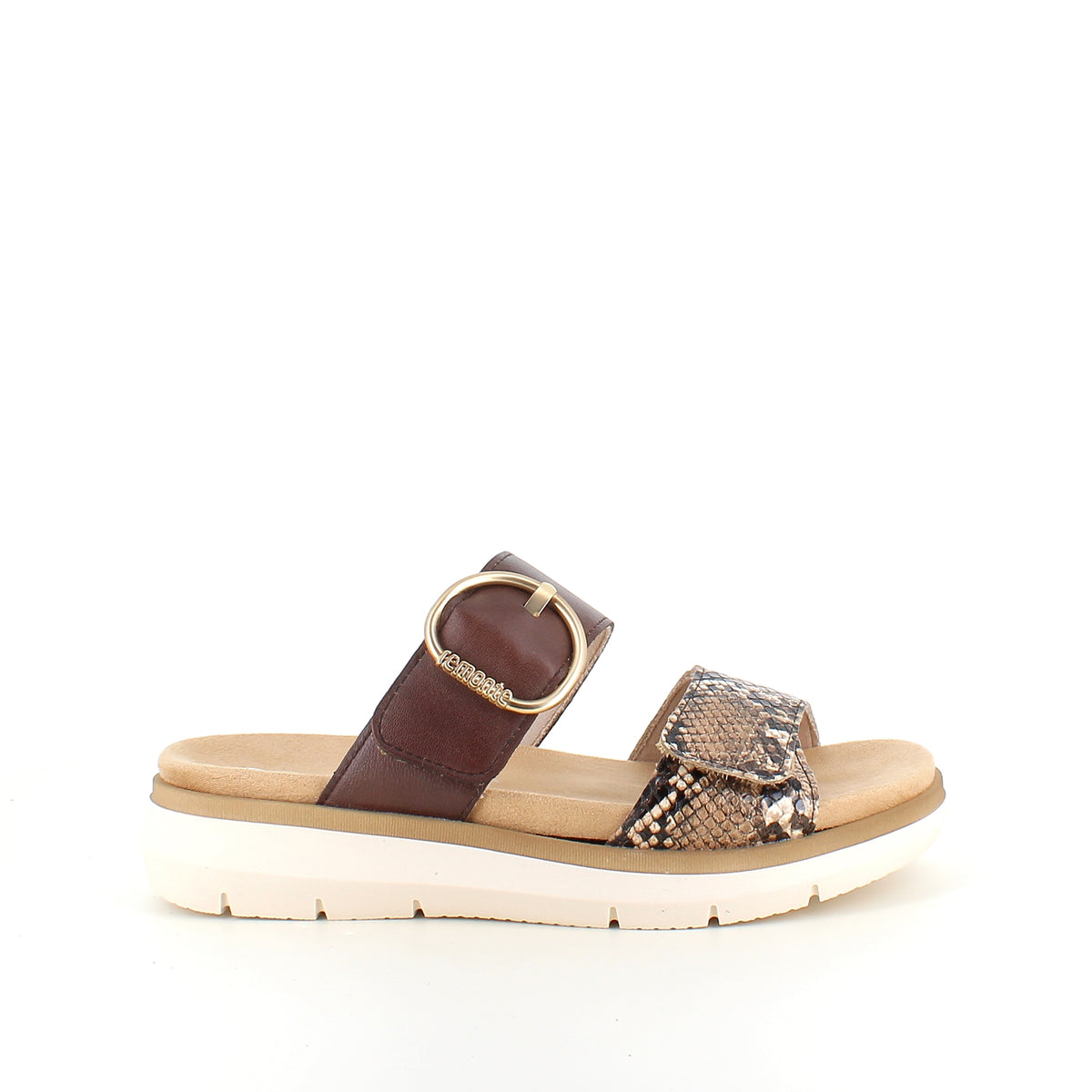 Brun Remonte slip on sandal med slangeskindsprint og udtagelig indersål