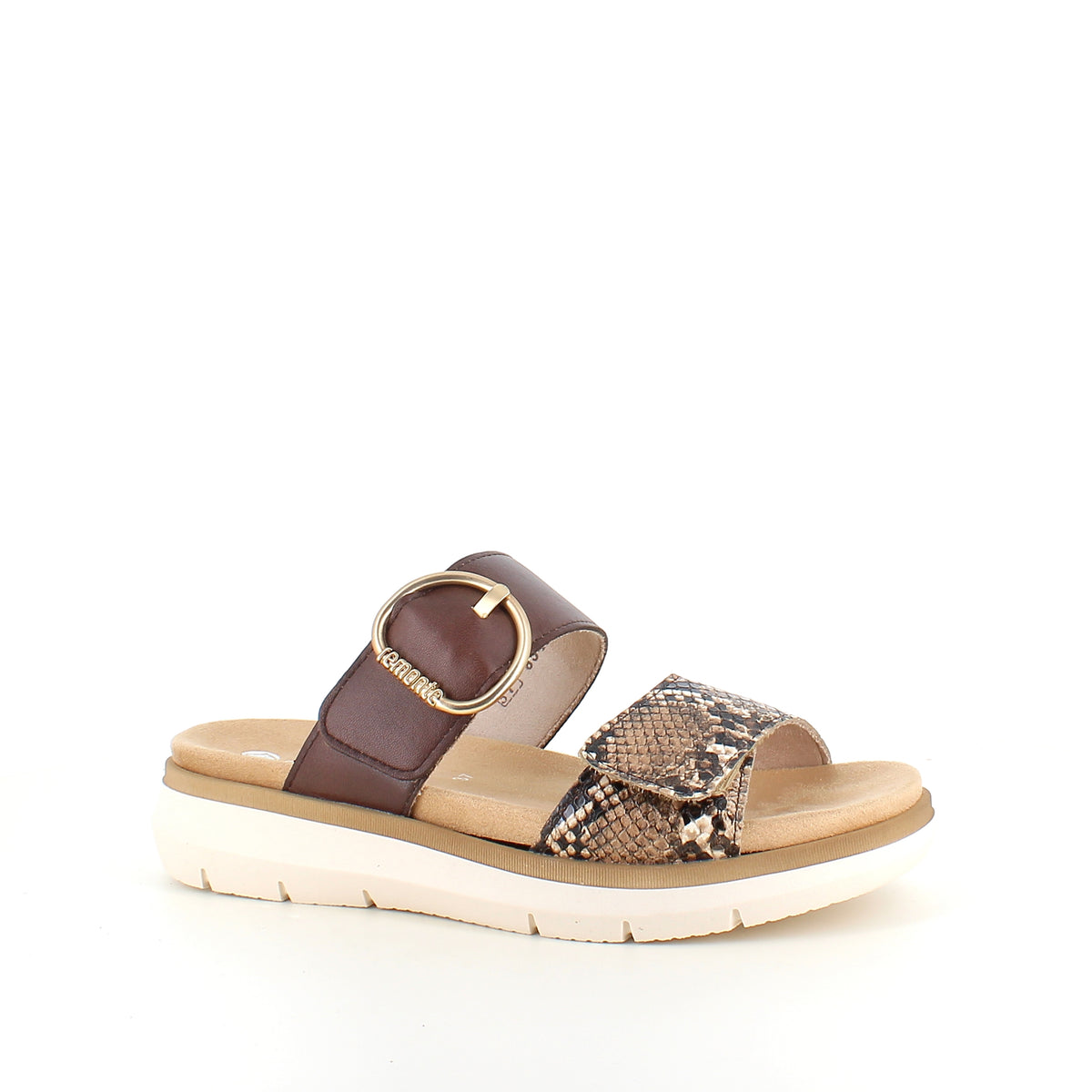 Slip on sandal i brun med slangeskindsprint – let komfort & udtagelig indersål