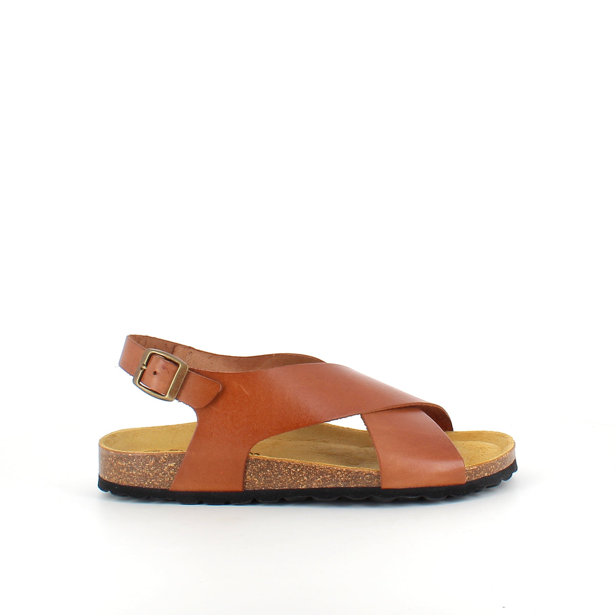 Brun sandal i glat skind med krydsremme og bagrem