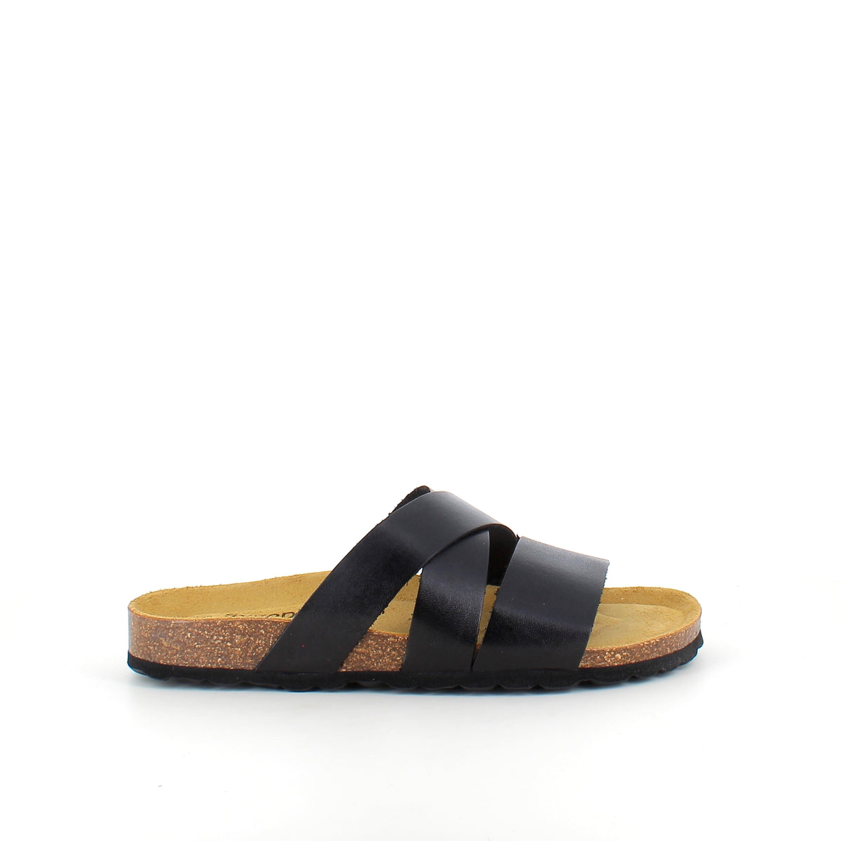 Slip on sandal i sort glat skind med krydsremme