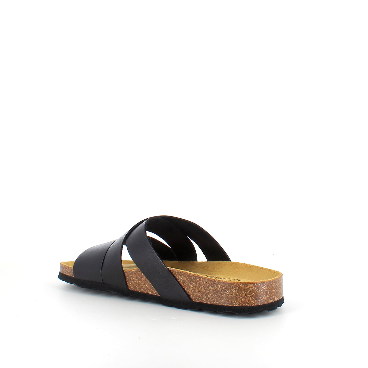 Slip on sandal i sort glat skind med krydsremme – komfort og støtte