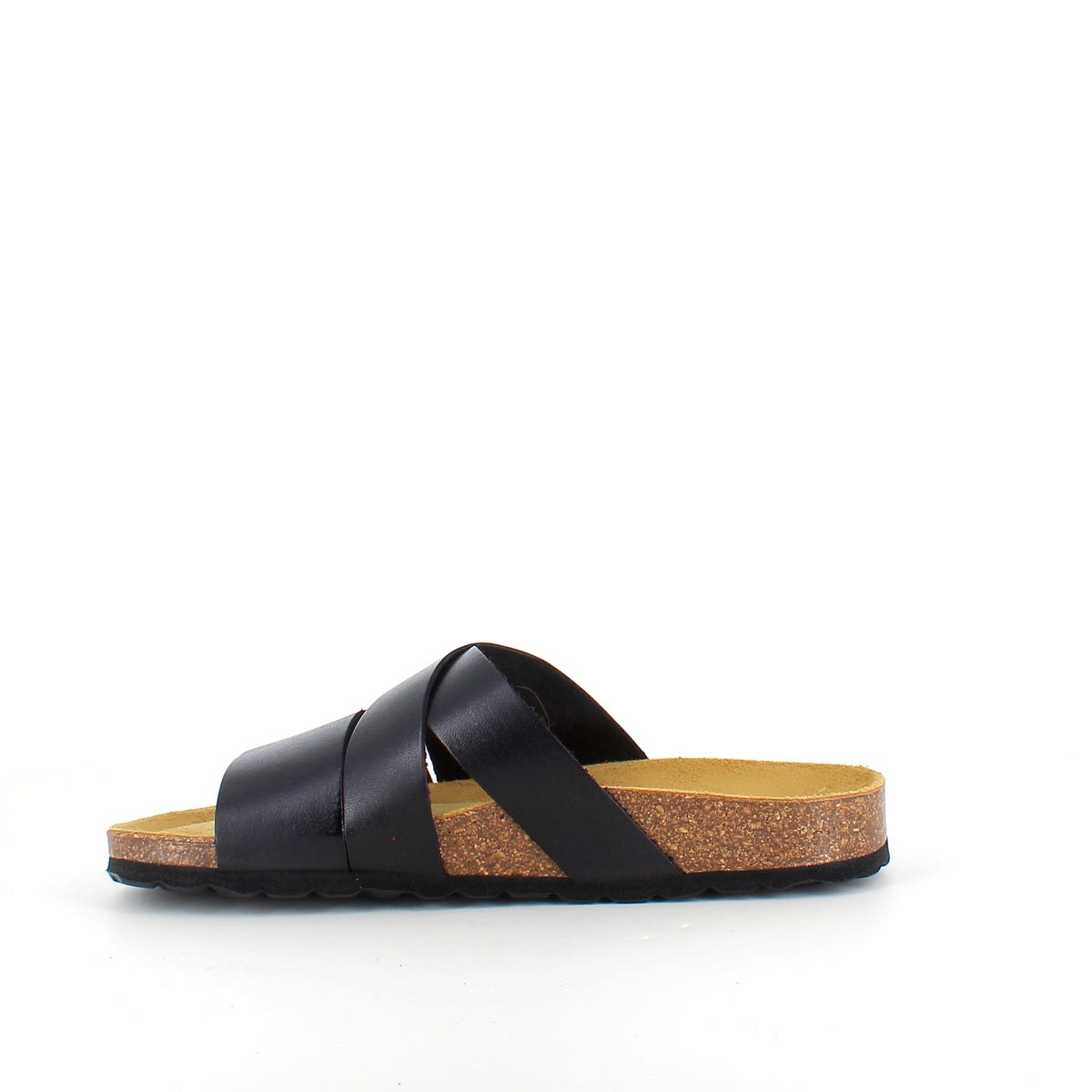 Slip on sandal i sort glat skind med krydsremme – komfort og støtte