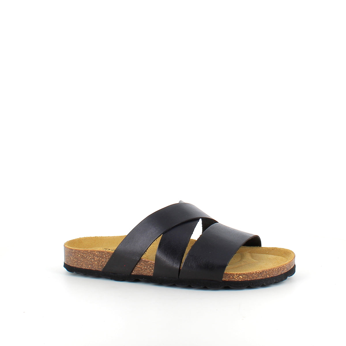 Slip on sandal i sort glat skind med krydsremme – komfort og støtte