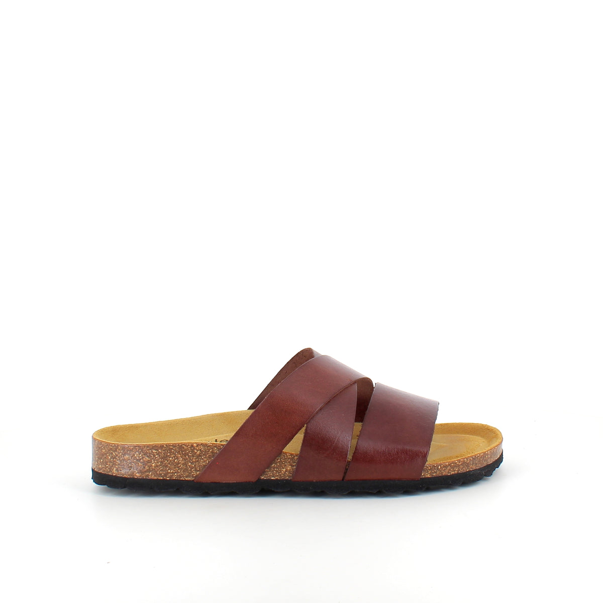 Slip on sandal i brun glat skind med krydsremme