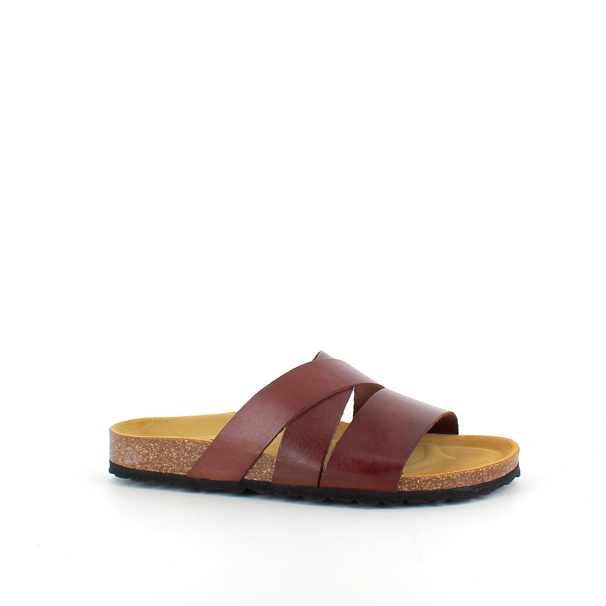 Slip on sandal i brun glat skind med krydsremme – komfort & støtte