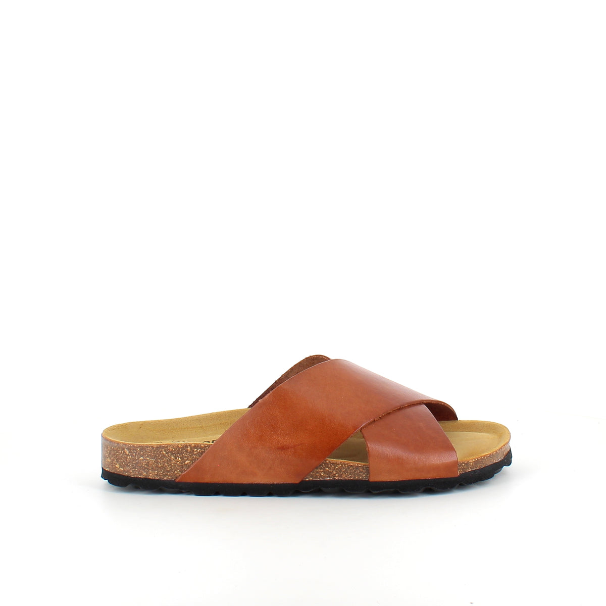 Brun slip on sandal i glat skind med krydsremme