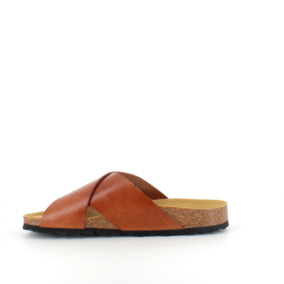 Brun slip on sandal i glat skind med krydsremme | Sygeplejebutikken