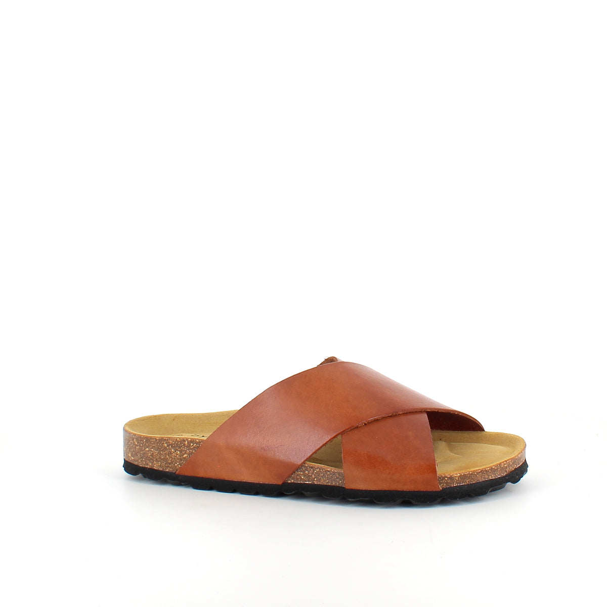 Brun slip on sandal i glat skind med krydsremme | Sygeplejebutikken