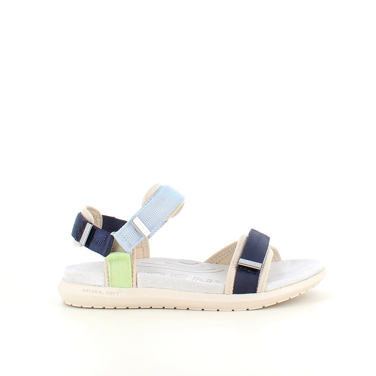 Woden sandal i Moonstone Multi – let og støttende i blå, grønne og beige nuancer