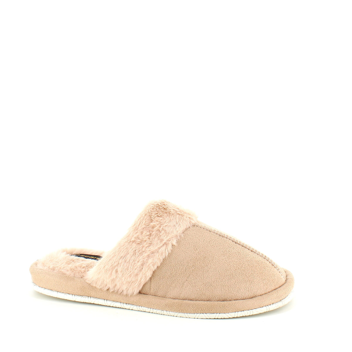 Beige hjemmesko med synlig pelskant