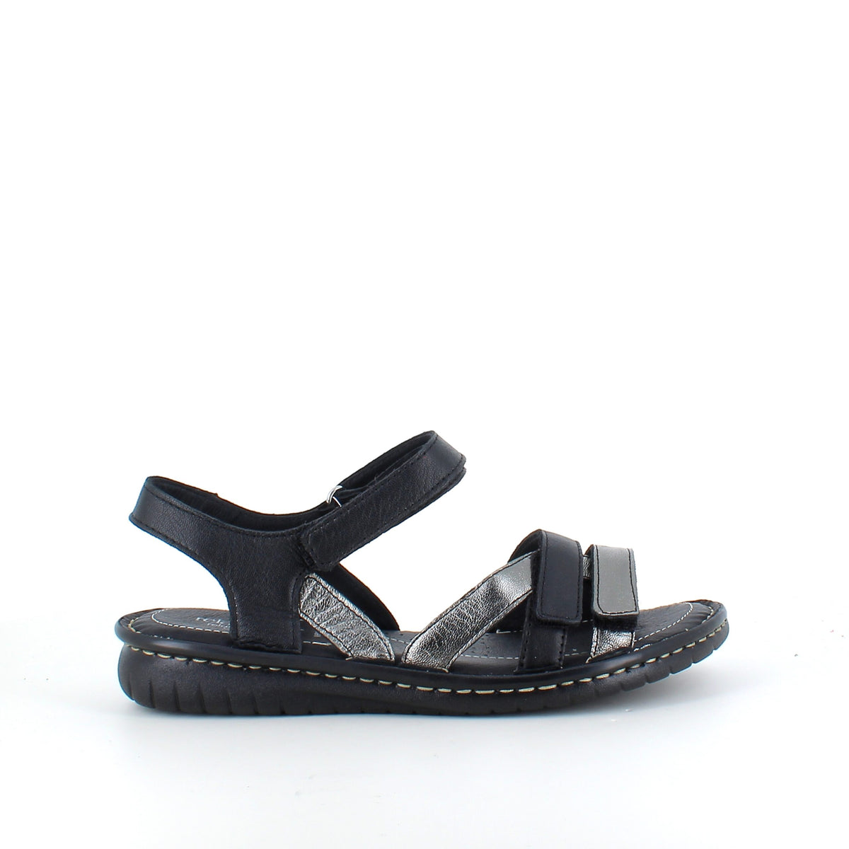 Sort skindsandal med tre remme og metallic detaljer fra Relaxshoe